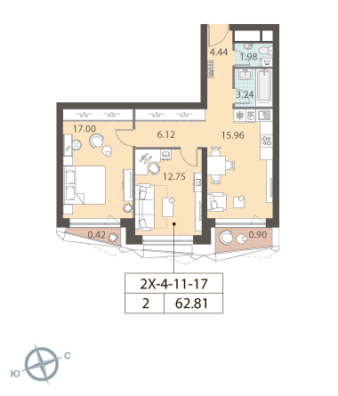 2-комнатная, квартира, 62.81 м²