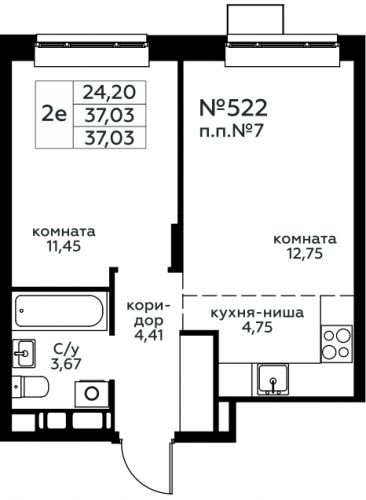 2-комнатная, 37.03 м²