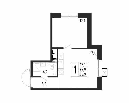 1-комнатная, квартира, 36.9 м²