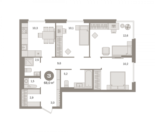 3-комнатная, квартира, 67.96 м²