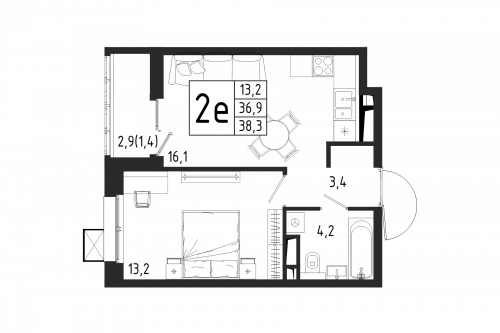 1-комнатная, квартира, 38.3 м²