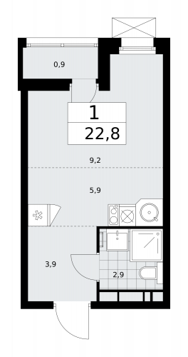 1-комнатная, 22.8 м²