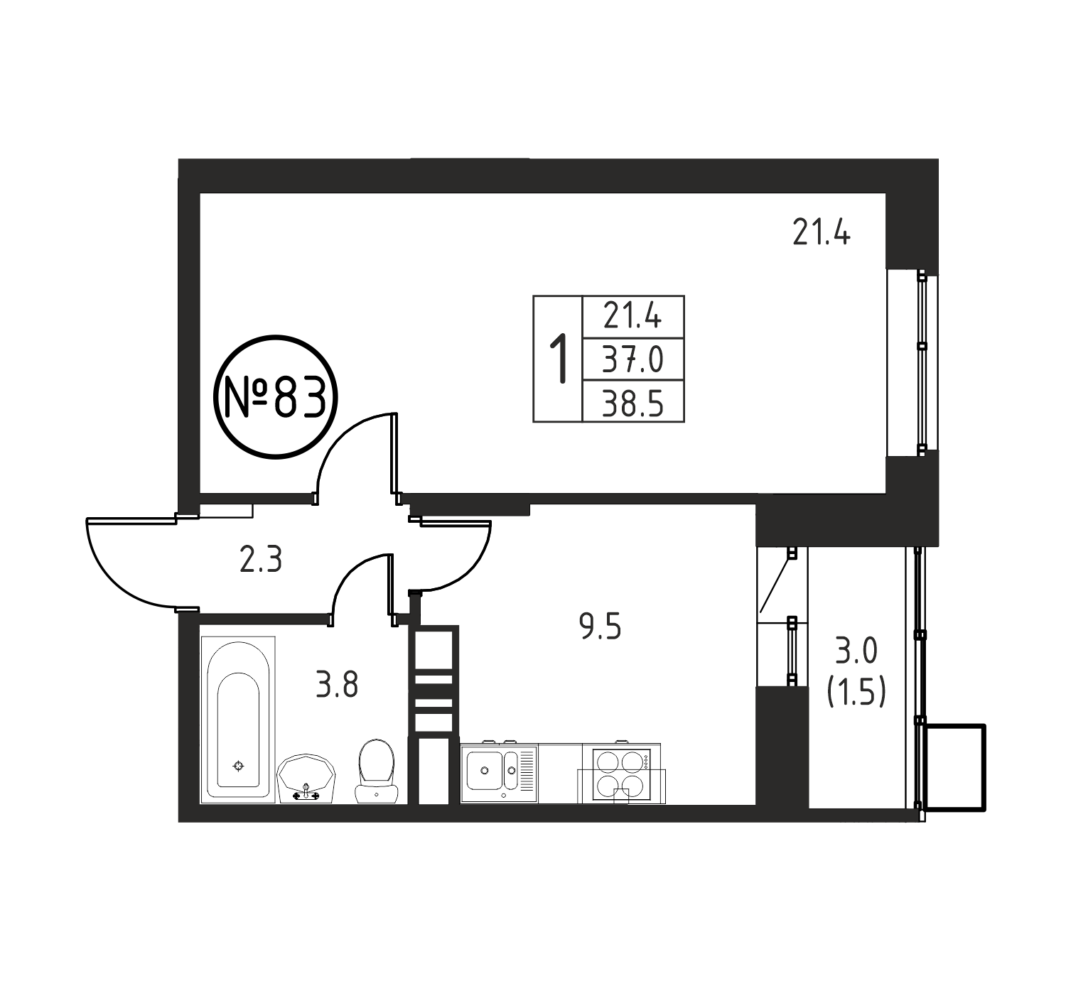 1-комнатная квартира №83, 38,5 м² за 6,16 млн руб. в ЖК «Космос» - планировка