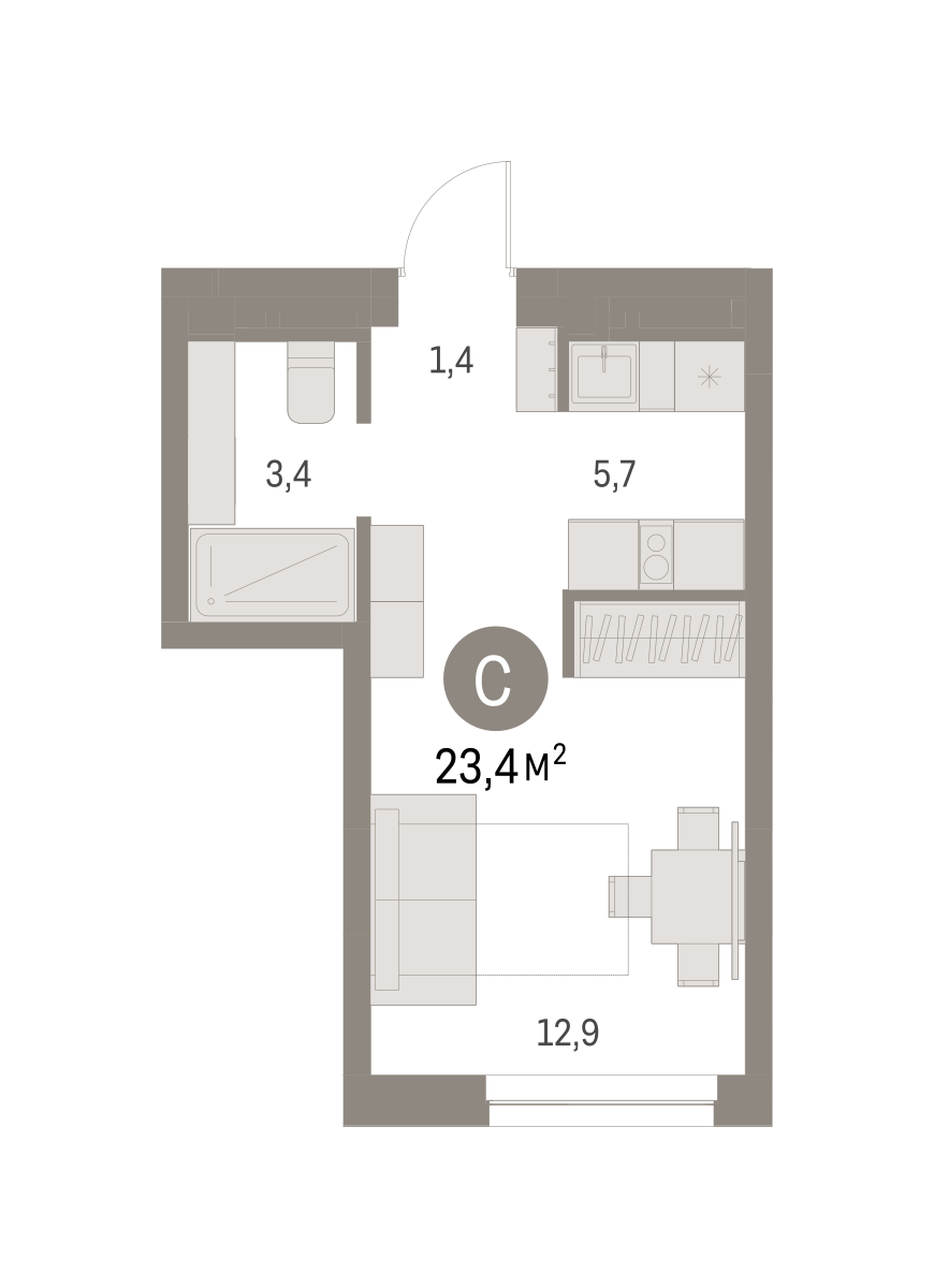 Квартира-студия №193, 23,4 м² за 5,33 млн руб. в ЖК «Первый квартал» - планировка