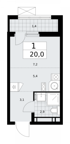 1-комнатная, 20 м²