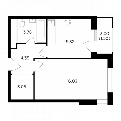 1-комнатная, 38.01 м²