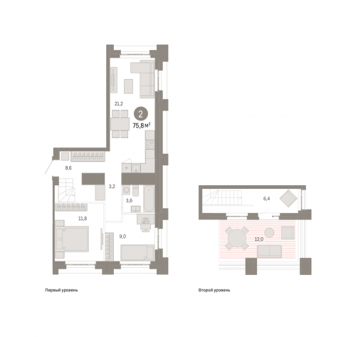 2-комнатная, квартира, 75.8 м²