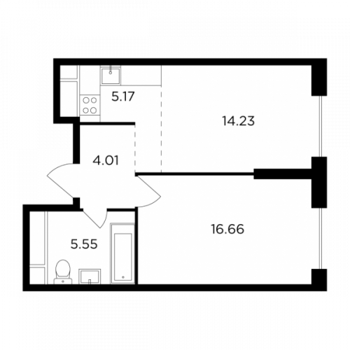 2-комнатная, 45.62 м²
