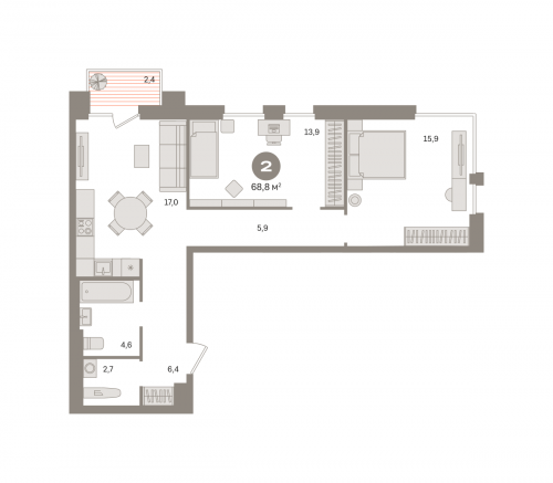 2-комнатная, квартира, 68.75 м²