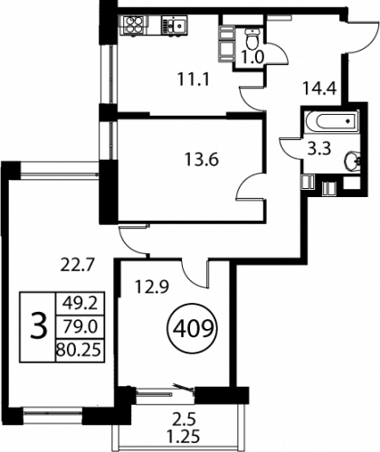3-комнатная, квартира, 80.25 м²
