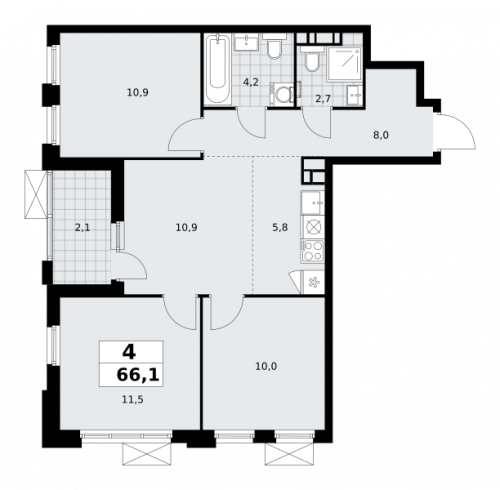 Многокомнатная, 66.1 м²