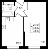 1-комнатная квартира 43,82 м²