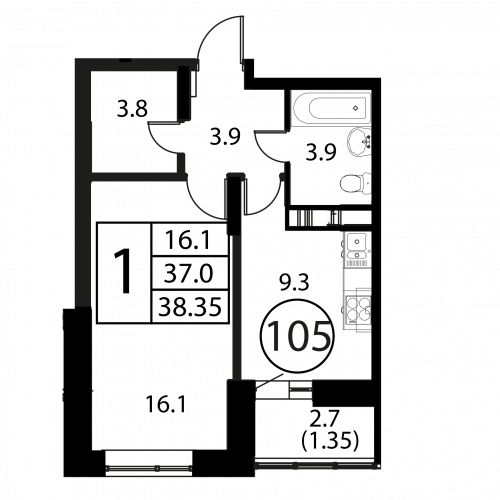 1-комнатная, квартира, 38.35 м²