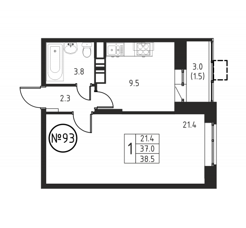 1-комнатная, квартира, 38.5 м²