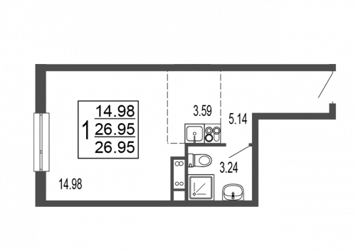 Студия, 27.5 м²