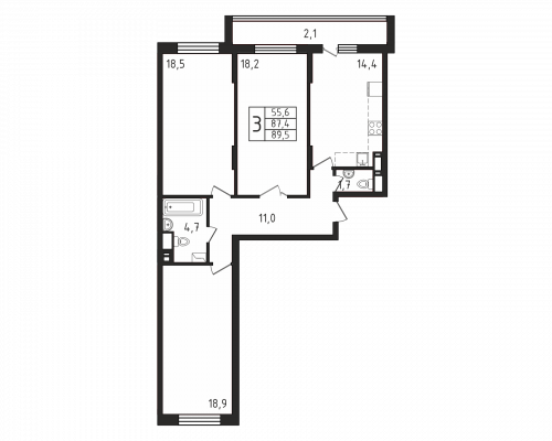3-комнатная, квартира, 89.5 м²