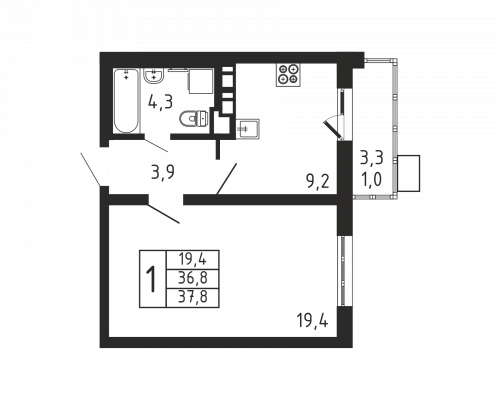 1-комнатная, квартира, 37.8 м²