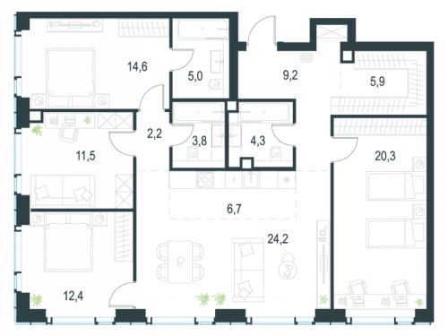 Многокомнатная, 120.1 м²