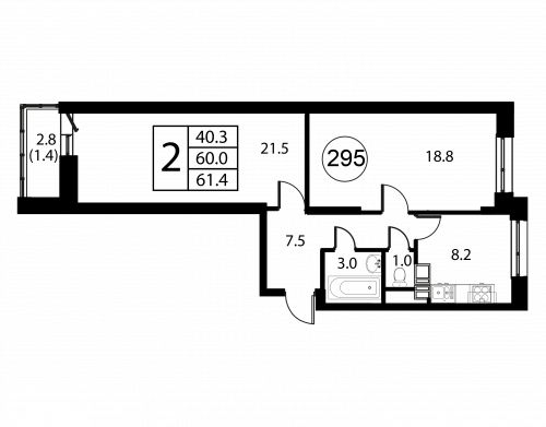 2-комнатная, квартира, 61.4 м²
