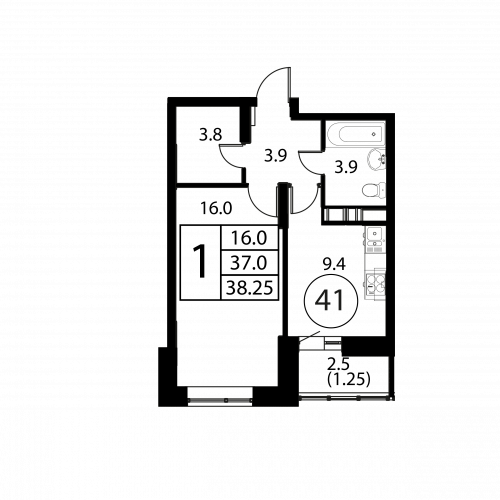 1-комнатная, квартира, 38.25 м²
