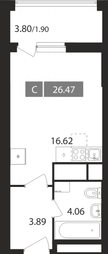 Студия, 26.47 м²