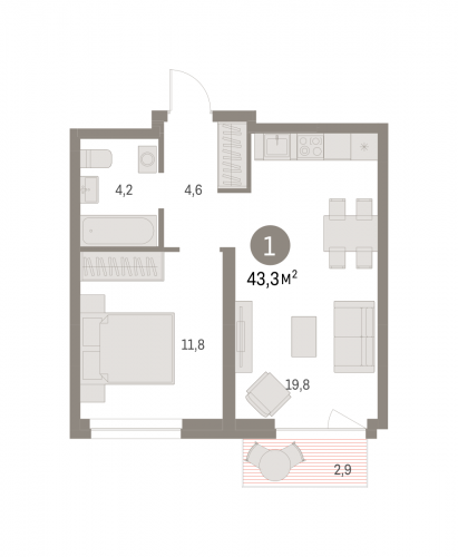 1-комнатная, 43.29 м²