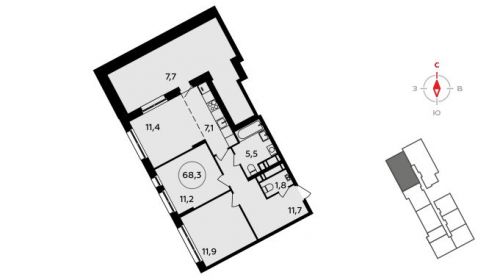 3-комнатная, 68.3 м²