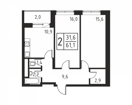 2-комнатная, квартира, 61.2 м²