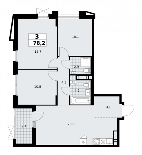 3-комнатная, 78.2 м²