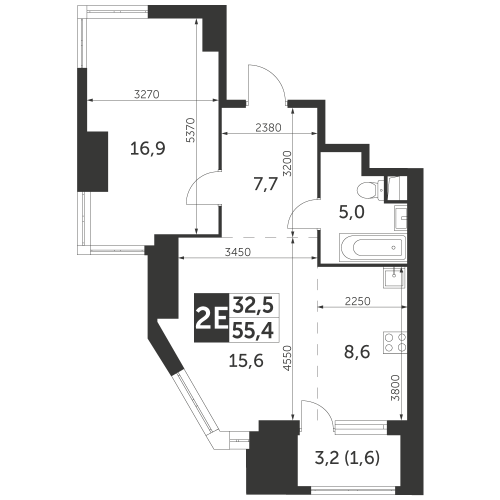 2-комнатная, квартира, 55.4 м²