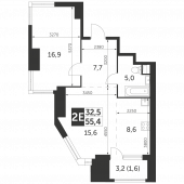 2-комнатная квартира 55,4 м²