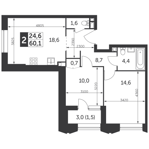 2-комнатная, квартира, 60.1 м²