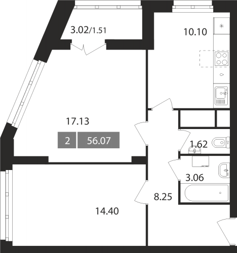 2-комнатная, квартира, 56.07 м²