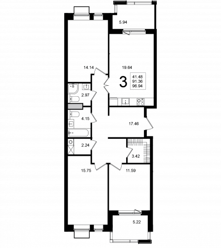 3-комнатная, квартира, 96.94 м²