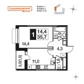 1-комнатная квартира 35,7 м²