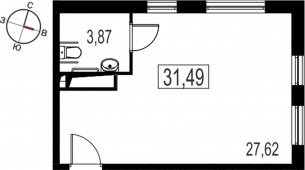 1-комнатная квартира 31,49 м²