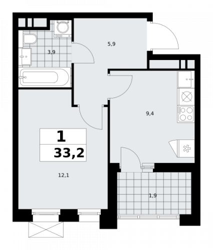 1-комнатная, 33.2 м²
