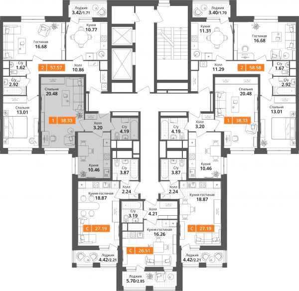 1 комната до 38.33