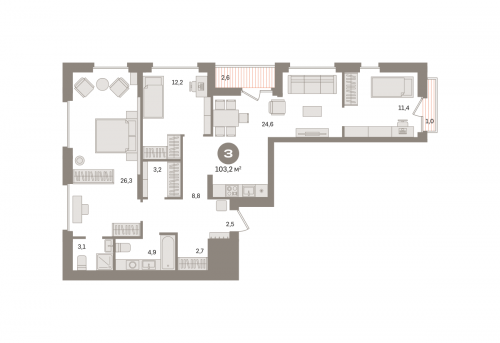 3-комнатная, квартира, 103.22 м²