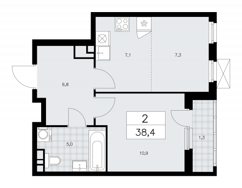 2-комнатная, 38.4 м²