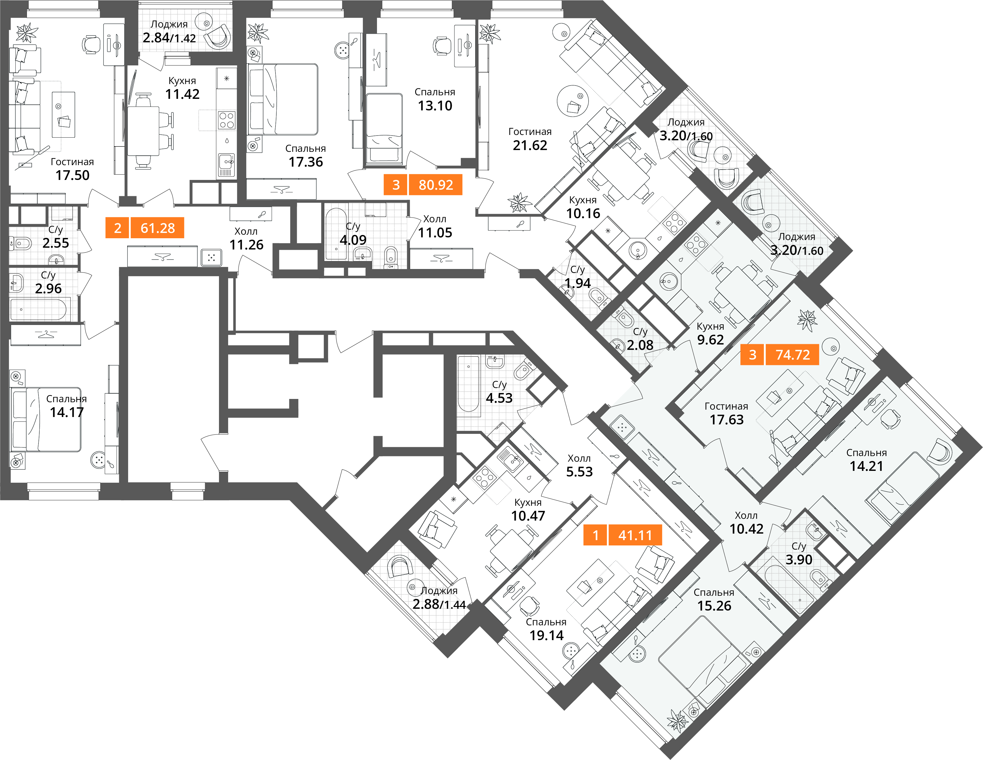 3-комнатная квартира №196, 74,7 м² за 15,53 млн руб. в ЖК «Планерный квартал» - планировка