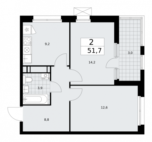 2-комнатная, 51.7 м²