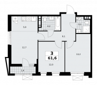 3-комнатная квартира 61,6 м²