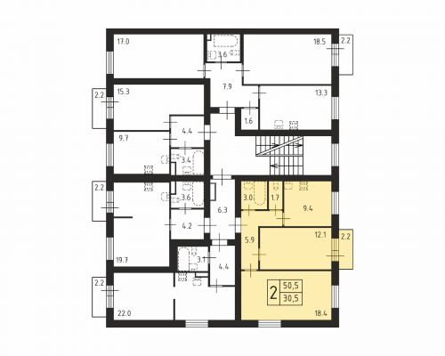 2-комнатная, квартира, 50.5 м²
