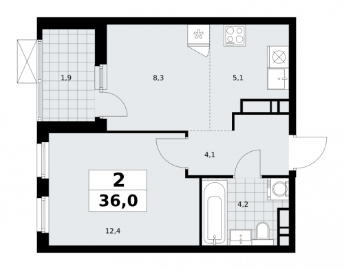 2-комнатная, 36 м²