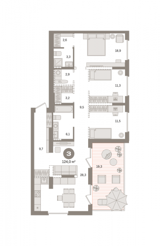3-комнатная, квартира, 123.97 м²