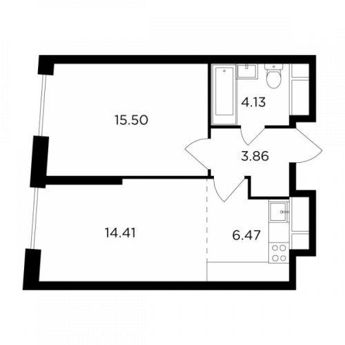 2-комнатная, 44.37 м²