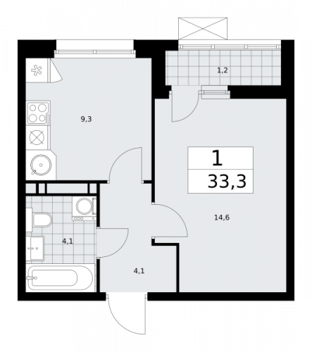 1-комнатная, 33.3 м²