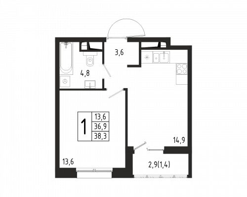 1-комнатная, квартира, 38.3 м²