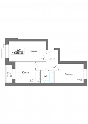 2-комнатная, квартира, 50.35 м²
